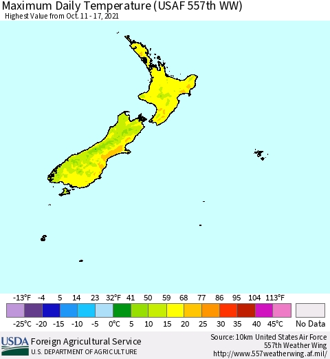 New Zealand Maximum Daily Temperature (USAF 557th WW) Thematic Map For 10/11/2021 - 10/17/2021