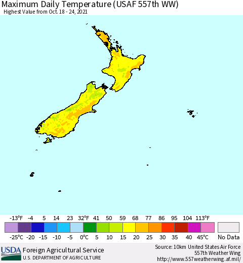 New Zealand Maximum Daily Temperature (USAF 557th WW) Thematic Map For 10/18/2021 - 10/24/2021