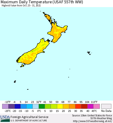 New Zealand Maximum Daily Temperature (USAF 557th WW) Thematic Map For 10/25/2021 - 10/31/2021