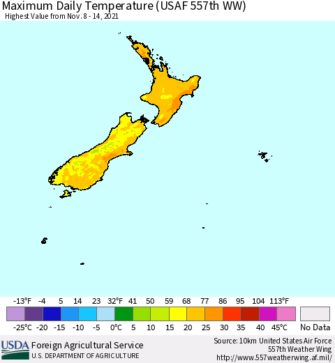 New Zealand Maximum Daily Temperature (USAF 557th WW) Thematic Map For 11/8/2021 - 11/14/2021