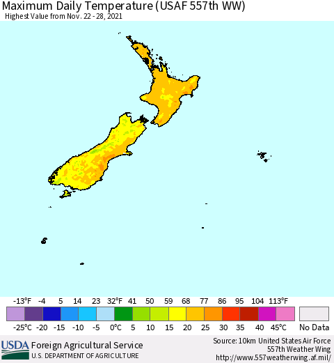 New Zealand Maximum Daily Temperature (USAF 557th WW) Thematic Map For 11/22/2021 - 11/28/2021