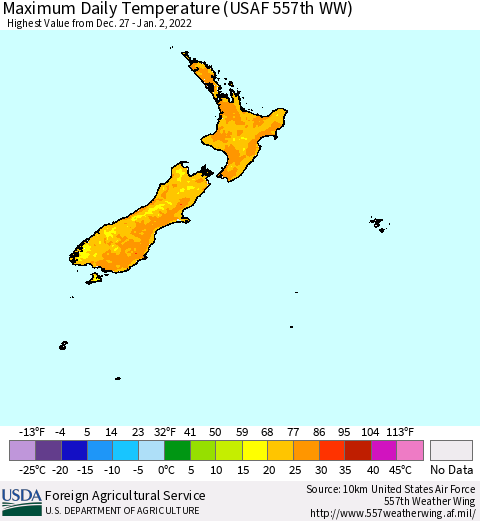 New Zealand Maximum Daily Temperature (USAF 557th WW) Thematic Map For 12/27/2021 - 1/2/2022