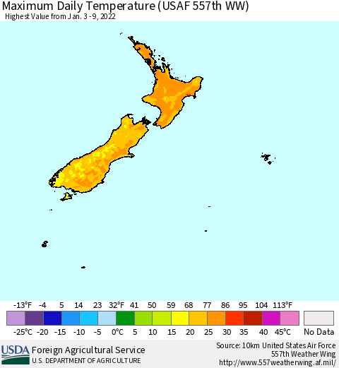 New Zealand Maximum Daily Temperature (USAF 557th WW) Thematic Map For 1/3/2022 - 1/9/2022