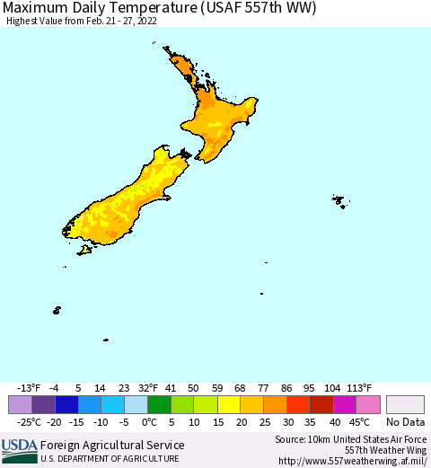 New Zealand Maximum Daily Temperature (USAF 557th WW) Thematic Map For 2/21/2022 - 2/27/2022