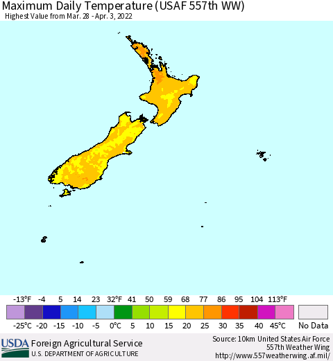 New Zealand Maximum Daily Temperature (USAF 557th WW) Thematic Map For 3/28/2022 - 4/3/2022