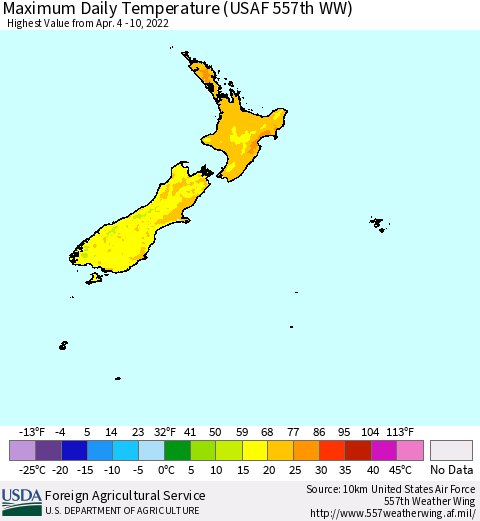 New Zealand Maximum Daily Temperature (USAF 557th WW) Thematic Map For 4/4/2022 - 4/10/2022