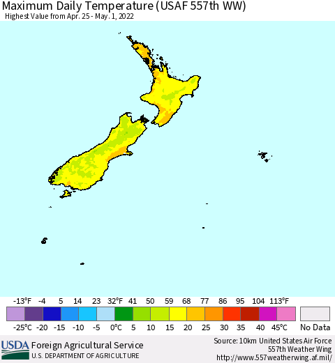 New Zealand Maximum Daily Temperature (USAF 557th WW) Thematic Map For 4/25/2022 - 5/1/2022