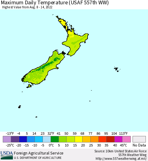 New Zealand Maximum Daily Temperature (USAF 557th WW) Thematic Map For 8/8/2022 - 8/14/2022