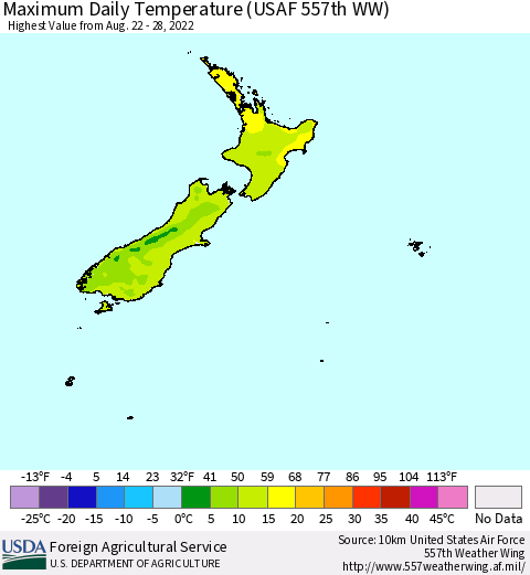 New Zealand Maximum Daily Temperature (USAF 557th WW) Thematic Map For 8/22/2022 - 8/28/2022