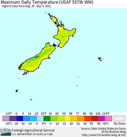 New Zealand Maximum Daily Temperature (USAF 557th WW) Thematic Map For 8/29/2022 - 9/4/2022