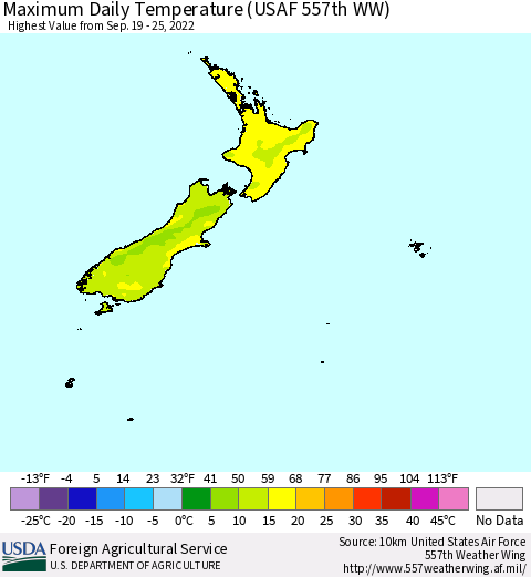 New Zealand Maximum Daily Temperature (USAF 557th WW) Thematic Map For 9/19/2022 - 9/25/2022