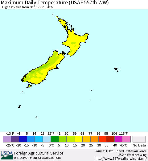 New Zealand Maximum Daily Temperature (USAF 557th WW) Thematic Map For 10/17/2022 - 10/23/2022