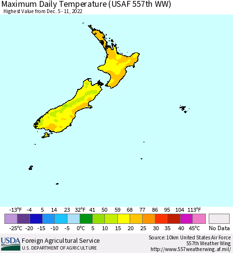 New Zealand Maximum Daily Temperature (USAF 557th WW) Thematic Map For 12/5/2022 - 12/11/2022