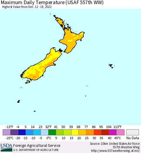New Zealand Maximum Daily Temperature (USAF 557th WW) Thematic Map For 12/12/2022 - 12/18/2022