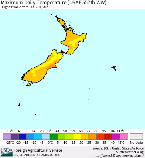New Zealand Maximum Daily Temperature (USAF 557th WW) Thematic Map For 1/2/2023 - 1/8/2023