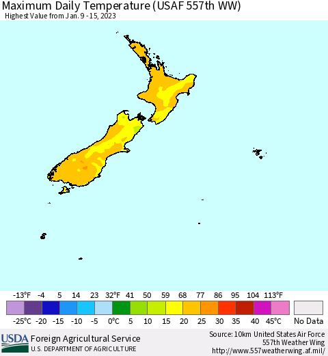 New Zealand Maximum Daily Temperature (USAF 557th WW) Thematic Map For 1/9/2023 - 1/15/2023
