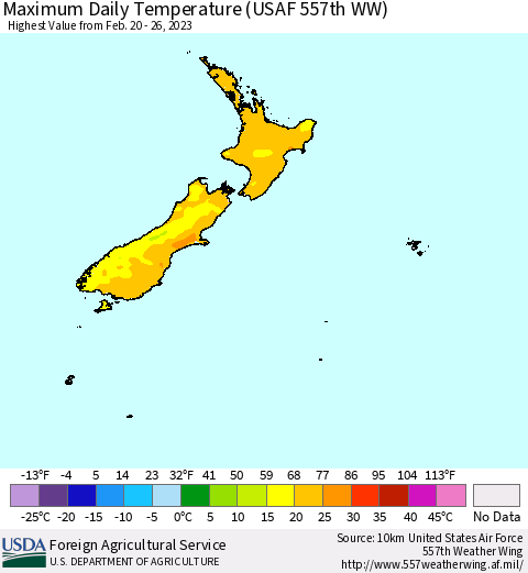 New Zealand Maximum Daily Temperature (USAF 557th WW) Thematic Map For 2/20/2023 - 2/26/2023