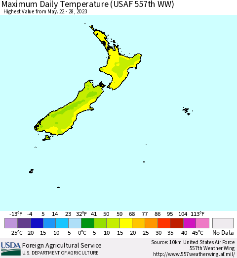 New Zealand Maximum Daily Temperature (USAF 557th WW) Thematic Map For 5/22/2023 - 5/28/2023