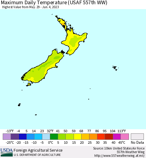 New Zealand Maximum Daily Temperature (USAF 557th WW) Thematic Map For 5/29/2023 - 6/4/2023