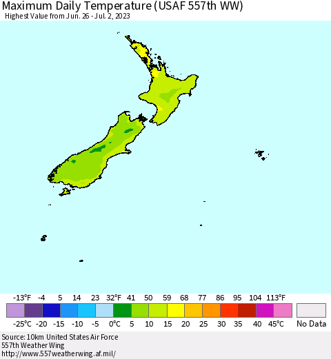 New Zealand Maximum Daily Temperature (USAF 557th WW) Thematic Map For 6/26/2023 - 7/2/2023
