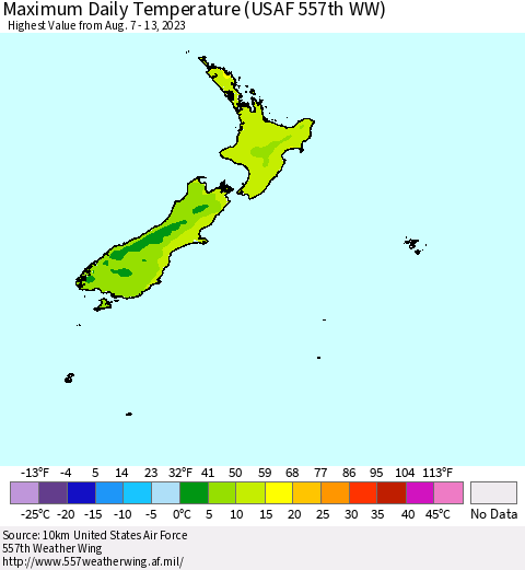 New Zealand Maximum Daily Temperature (USAF 557th WW) Thematic Map For 8/7/2023 - 8/13/2023