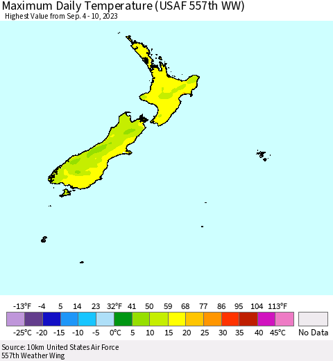 New Zealand Maximum Daily Temperature (USAF 557th WW) Thematic Map For 9/4/2023 - 9/10/2023