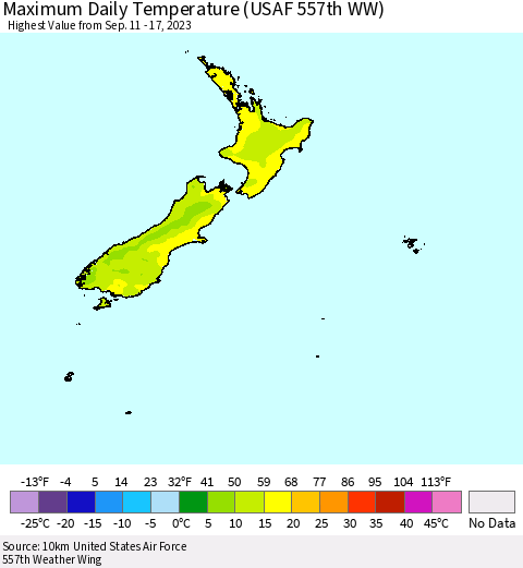 New Zealand Maximum Daily Temperature (USAF 557th WW) Thematic Map For 9/11/2023 - 9/17/2023