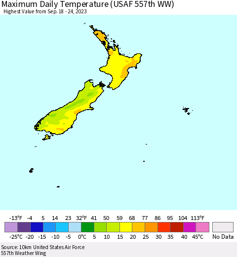 New Zealand Maximum Daily Temperature (USAF 557th WW) Thematic Map For 9/18/2023 - 9/24/2023