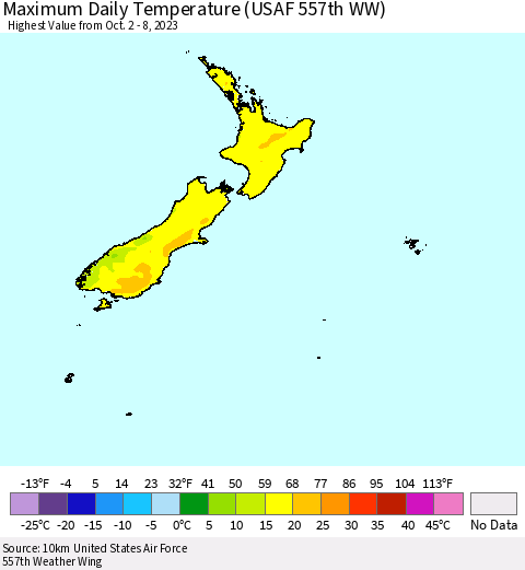 New Zealand Maximum Daily Temperature (USAF 557th WW) Thematic Map For 10/2/2023 - 10/8/2023