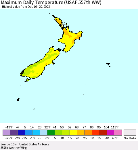 New Zealand Maximum Daily Temperature (USAF 557th WW) Thematic Map For 10/16/2023 - 10/22/2023