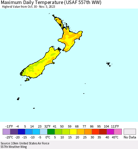 New Zealand Maximum Daily Temperature (USAF 557th WW) Thematic Map For 10/30/2023 - 11/5/2023