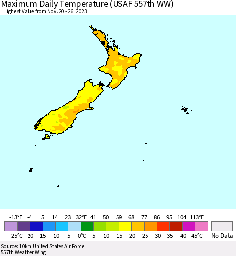 New Zealand Maximum Daily Temperature (USAF 557th WW) Thematic Map For 11/20/2023 - 11/26/2023