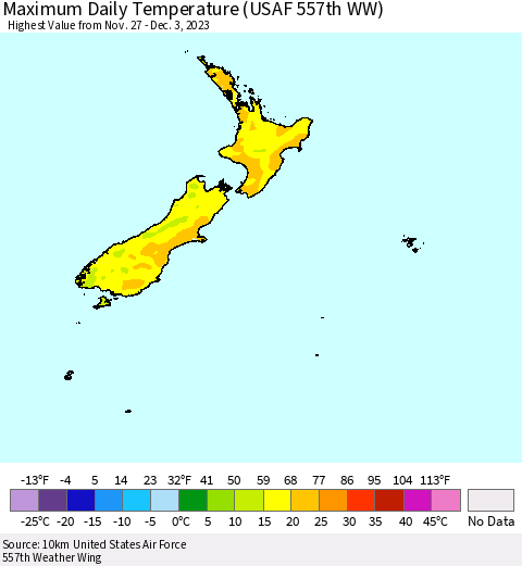 New Zealand Maximum Daily Temperature (USAF 557th WW) Thematic Map For 11/27/2023 - 12/3/2023