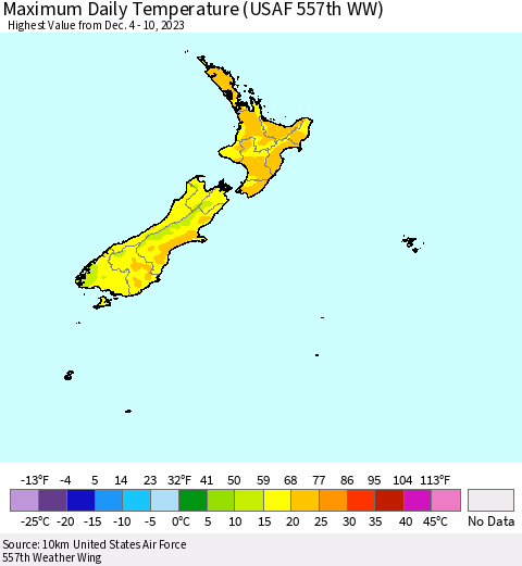 New Zealand Maximum Daily Temperature (USAF 557th WW) Thematic Map For 12/4/2023 - 12/10/2023