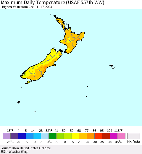 New Zealand Maximum Daily Temperature (USAF 557th WW) Thematic Map For 12/11/2023 - 12/17/2023