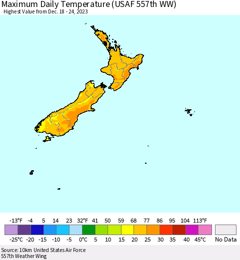 New Zealand Maximum Daily Temperature (USAF 557th WW) Thematic Map For 12/18/2023 - 12/24/2023