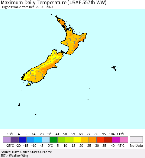 New Zealand Maximum Daily Temperature (USAF 557th WW) Thematic Map For 12/25/2023 - 12/31/2023