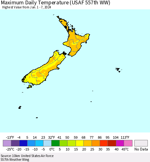 New Zealand Maximum Daily Temperature (USAF 557th WW) Thematic Map For 1/1/2024 - 1/7/2024