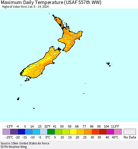 New Zealand Maximum Daily Temperature (USAF 557th WW) Thematic Map For 1/8/2024 - 1/14/2024