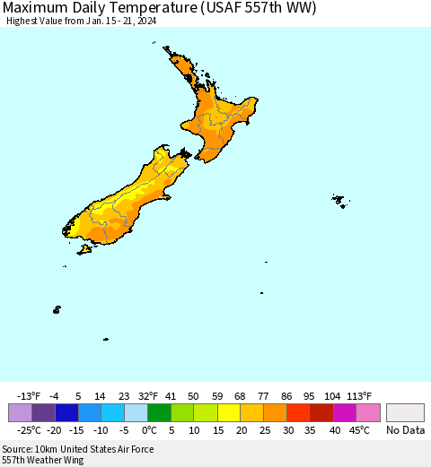 New Zealand Maximum Daily Temperature (USAF 557th WW) Thematic Map For 1/15/2024 - 1/21/2024