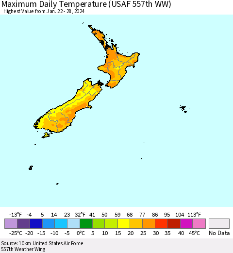 New Zealand Maximum Daily Temperature (USAF 557th WW) Thematic Map For 1/22/2024 - 1/28/2024