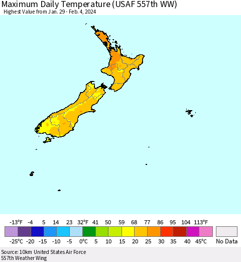 New Zealand Maximum Daily Temperature (USAF 557th WW) Thematic Map For 1/29/2024 - 2/4/2024