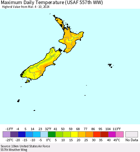 New Zealand Maximum Daily Temperature (USAF 557th WW) Thematic Map For 3/4/2024 - 3/10/2024