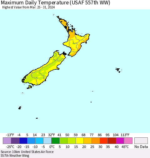 New Zealand Maximum Daily Temperature (USAF 557th WW) Thematic Map For 3/25/2024 - 3/31/2024