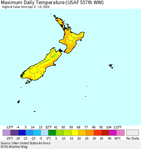 New Zealand Maximum Daily Temperature (USAF 557th WW) Thematic Map For 4/8/2024 - 4/14/2024