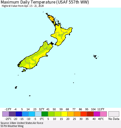 New Zealand Maximum Daily Temperature (USAF 557th WW) Thematic Map For 4/15/2024 - 4/21/2024