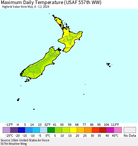 New Zealand Maximum Daily Temperature (USAF 557th WW) Thematic Map For 5/6/2024 - 5/12/2024