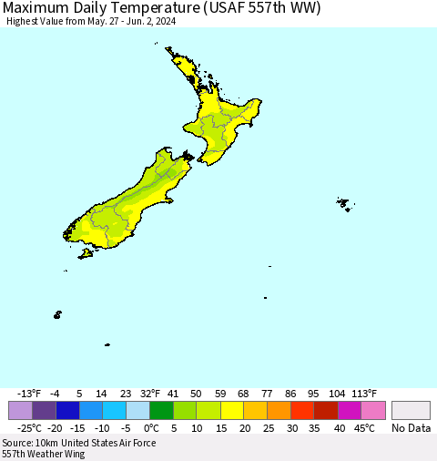 New Zealand Maximum Daily Temperature (USAF 557th WW) Thematic Map For 5/27/2024 - 6/2/2024