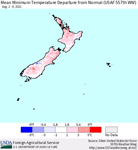 New Zealand Mean Minimum Temperature Departure from Normal (USAF 557th WW) Thematic Map For 8/2/2021 - 8/8/2021
