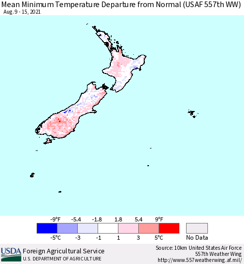New Zealand Mean Minimum Temperature Departure from Normal (USAF 557th WW) Thematic Map For 8/9/2021 - 8/15/2021